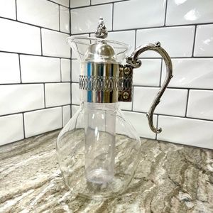 Vintage Glass and Silver Pitcher Carafe with Plastic Ice Cooling Tube Chill It